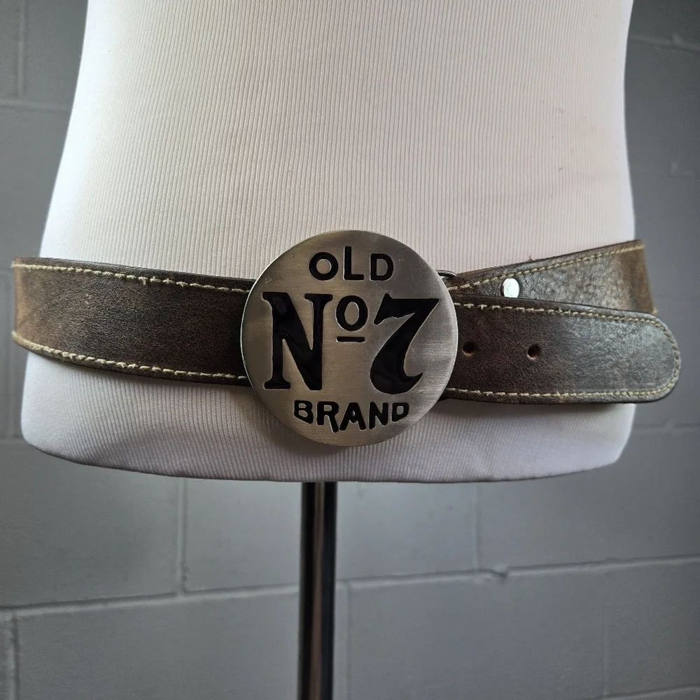 Vtg Y2k 2005 Old No 7 Jack Daniel's silver metal buckle brown leather mens belt